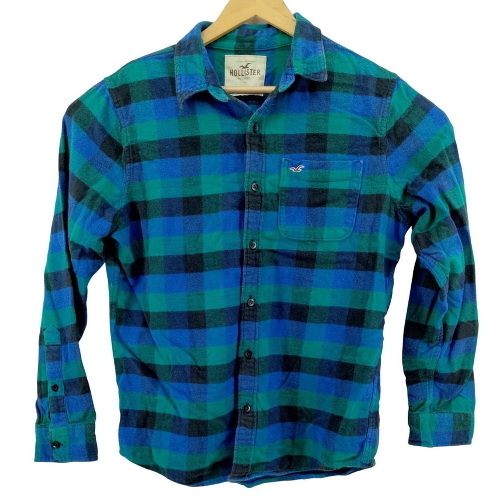 Hollister Mens Flannel Shirt Long Sleeve Plaid Button Up‎ Large Blue Green Black